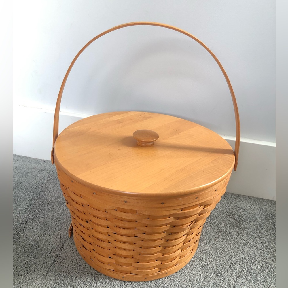 EUC Longaberger USA wood woven sewing basket w handle + lid + protector +paper